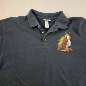 Vintage Y2K Mens Black Horse Graphic Polo Shirt Size Large Equestrian Western‎